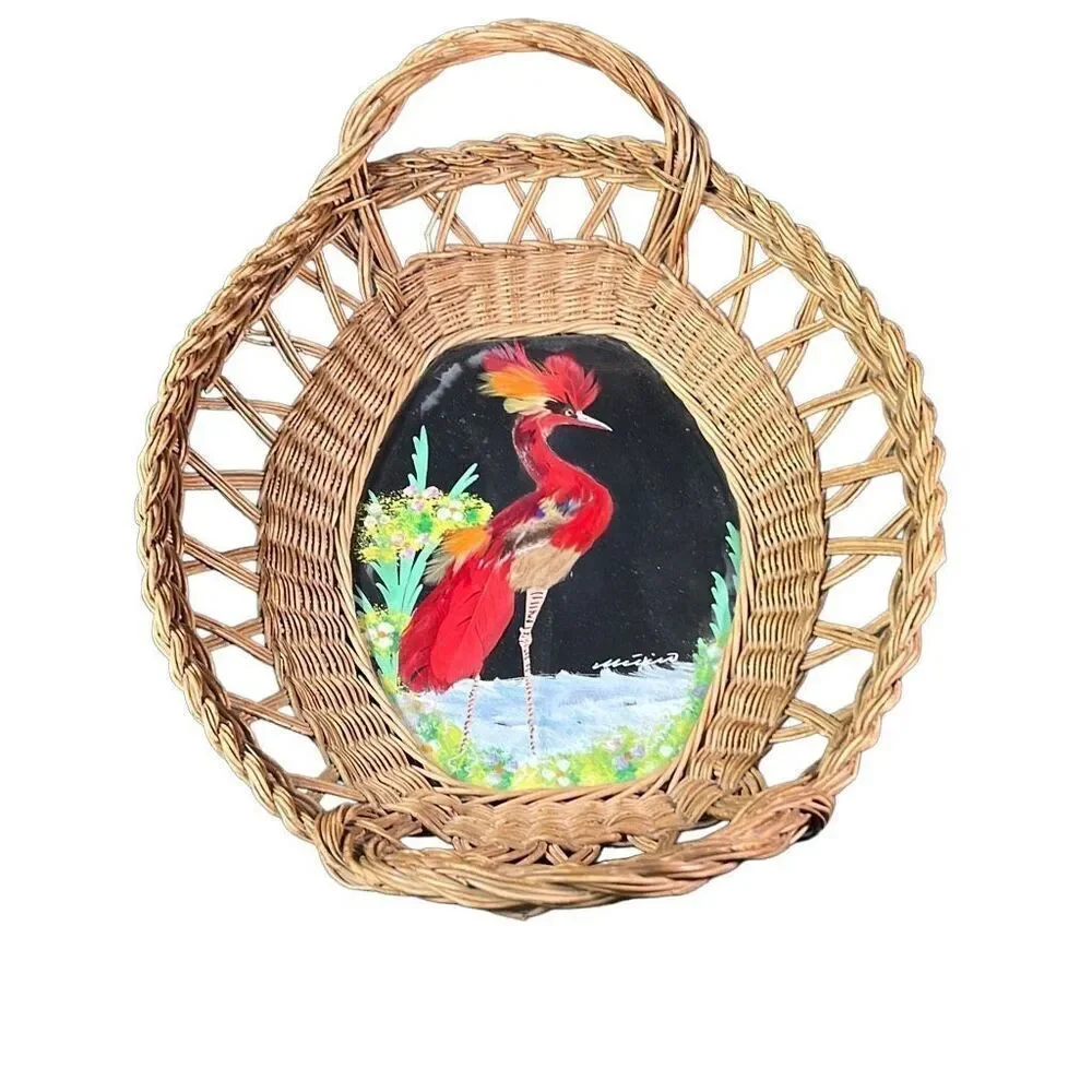Vintage Mexico Bird Feather Folk Art Painted Wicker Basket Wall Decor 12